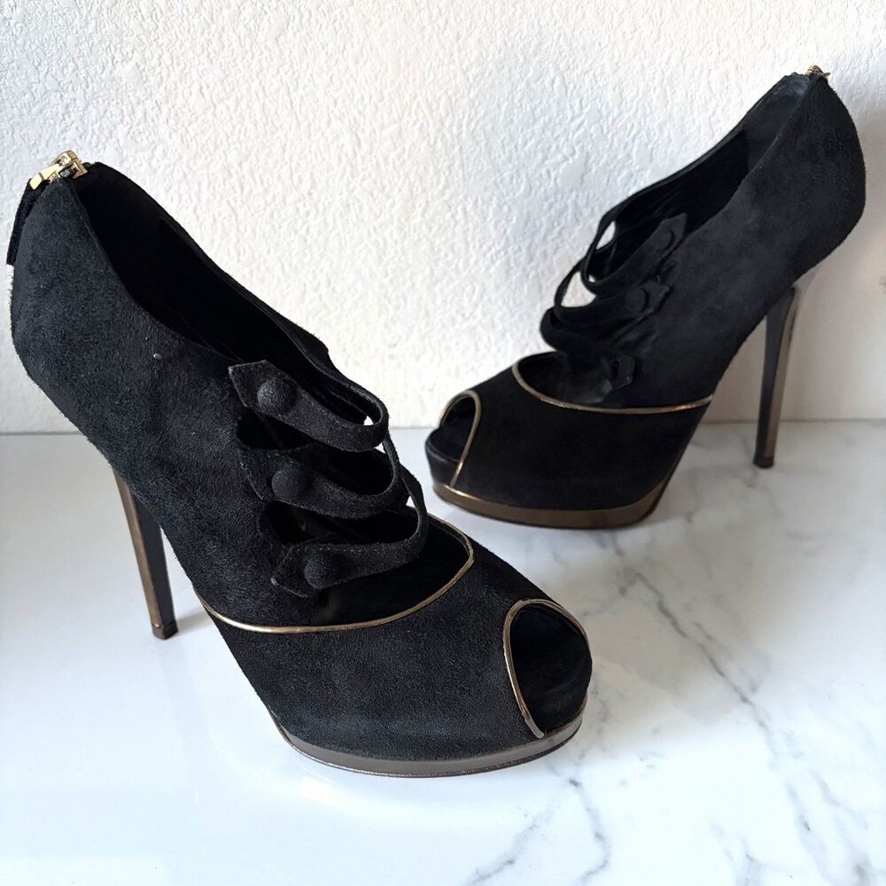 Fendi Womens Suede Peep Toe Stiletto Pumps Size 37 (7 US) Black